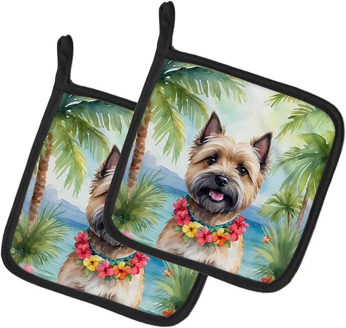 Caroline's Treasures Cairn Terrier Luau Pair of Pot Holders Kitchen Heat Resistant Pot Holders Sets Oven Hot Pads for Cooking Baking BBQ, 7 1/2 x 7 1/2