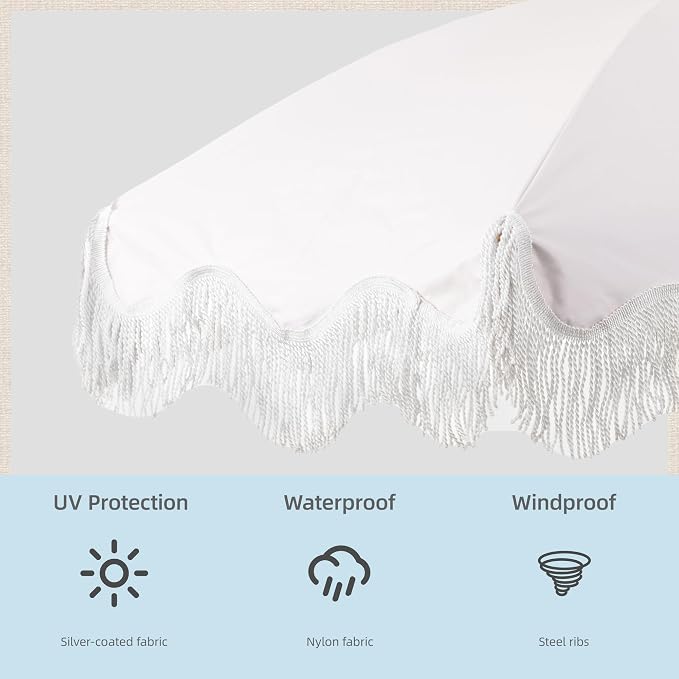 Rayjee 6.5FT Patio Umbrella with Fringe, Boho Outdoor Umbrella | UV Protection| Tilt & Adjustable Height | Brown Steel Pole | Carry Bag & Ground Stake | For Beach Pool Garden Terrace Picnic