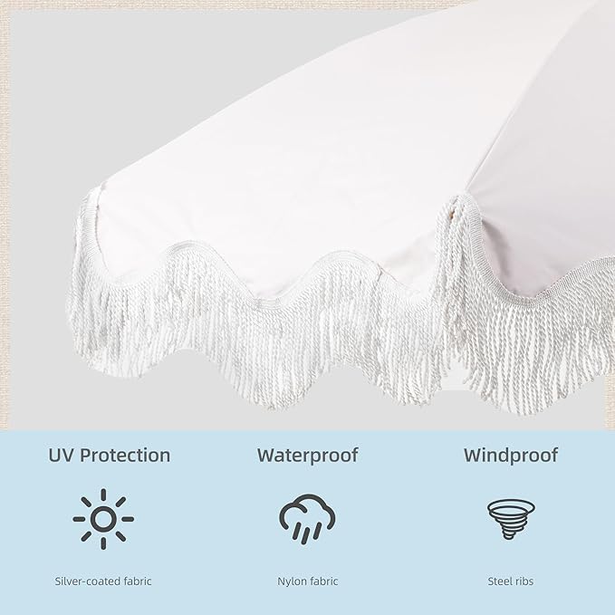 Rayjee 6.5FT Patio Umbrella with Fringe, Boho Outdoor Umbrella | UV Protection| Tilt & Adjustable Height | Brown Steel Pole | Carry Bag & Ground Stake | For Beach Pool Garden Terrace Picnic