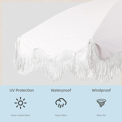 Rayjee 6.5FT Patio Umbrella with Fringe, Boho Outdoor Umbrella | UV Protection| Tilt & Adjustable Height | Brown Steel Pole | Carry Bag & Ground Stake | For Beach Pool Garden Terrace Picnic