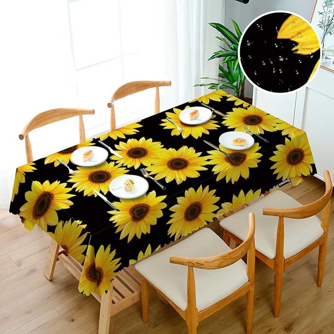 Swono 52x70 Inch Sunflowers Tablecloth Yellow Black Floral Blossom Sunflower Farmhouse Dining Table Cloth Anti-Stain Talking Table Cover for Kitchen Dinning Room Coffee Store