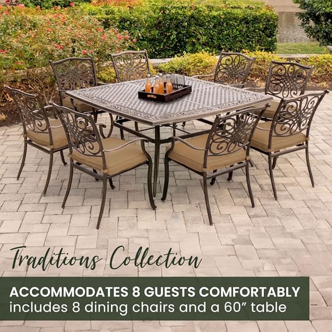 Hanover Traditions 9-Piece Patio Dining Set with 60" Square Cast-Top Dining Table and 8 Chairs with Tan Cushions, Modern All Weather Outdoor Dining Set with Rust-Resistant Aluminum Frames for Backyard