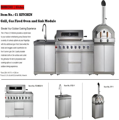 Kitchen outdoor module combination barbecue grill with gas pizza stove and sink module, stainless steel, 3-piece set