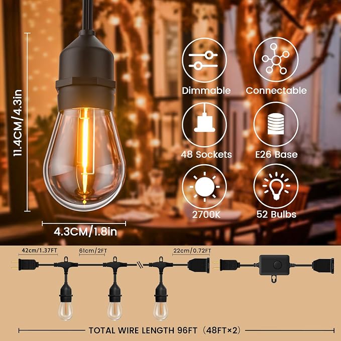 96ft Outdoor String Lights with Remote & Dimmer,48+4 Commercial Grade IP65 Waterproof Bulbs, 2700K Warm White,3 Lighting Modes & Timer,Includes 50 Cable Ties for Patio,Garden, Party（48FT*2）