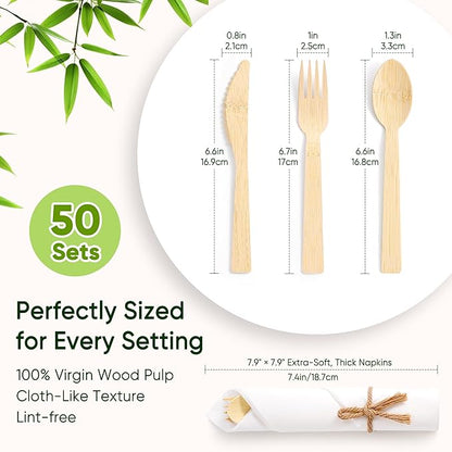 Napkin and Bamboo Cutlery Set, Compostable Utensils Disposable Cutlery for Party, Wedding, BBQ, Camping, Events-50 Pack (Forks, Knives, Spoons, Rolled Napkins)