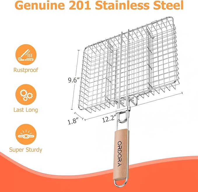 ORDORA Grill Basket Deep, Stainless Steel BBQ Grilling Baskets for Outdoor Grill, Fish Grilling Rack for Veggies, Meat, Shrimps, Grill Accessories with Detachable Handle, Gifts for Dad