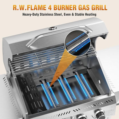 COWSAR 4-Burner Propane Gas Grill, 32K BTU, Stainless Steel BBQ, Outdoor | 4-Burner Propane Grill, 32K BTU, Stainless Steel & Foldable Tables, Outdoor BBQ Patio, Thermometer & Lockable Casters