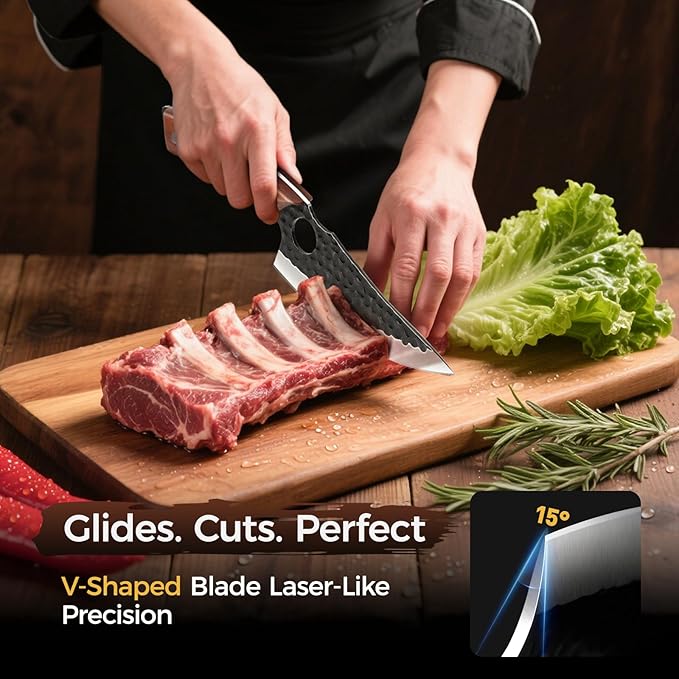 3PCS Hand Forged Japanese Chef Knife Set for Cooking, Kitchen Knife for Meat Cutting, High Carbon Steel Sharp Boning Knife, Chefs Knife, Honing Rod for Camping, BBQ, Outdoor Gift for Men