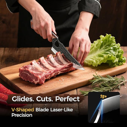 3PCS Hand Forged Japanese Chef Knife Set for Cooking, Kitchen Knife for Meat Cutting, High Carbon Steel Sharp Boning Knife, Chefs Knife, Honing Rod for Camping, BBQ, Outdoor Gift for Men
