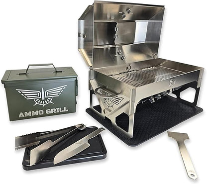 M2A1 Pro Lid Edition | 304 Stainless Steel Portable Charcoal Grill with 3 Grates, Silicone Mat, Cutting Board, Knife, Tongs/Spatula & Scraper