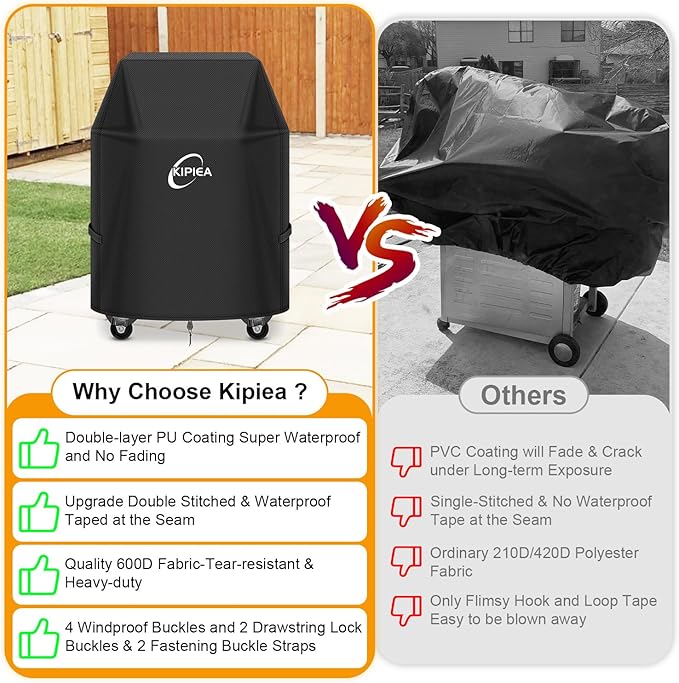 Kipiea 600D Heavy Duty Gas Grill Cover for Weber Spirit E-210/E-215, 32-Inch Waterproof BBQ Cover with Windproof Buckles – Not Compatible with Spirit II E-210, Both Side Tables Must Be Folded