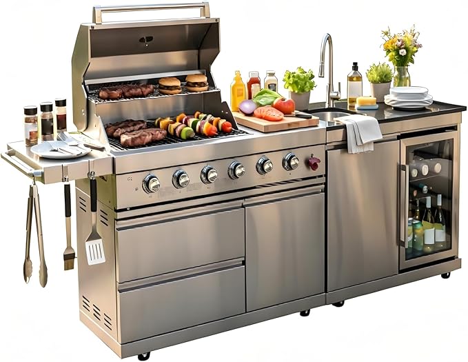 6-Burner Barbecue Island Grill, Stainless Steel Outdoor Kitchen Island Grill, Modular Outdoor Kitchen with Refrigerator, Sink & Cooler, Heavy Duty Mobile Grills Outdoor Cooking