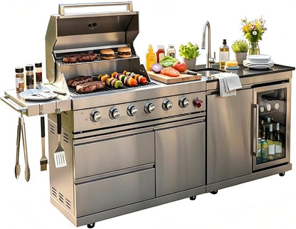 6-Burner Barbecue Island Grill, Stainless Steel Outdoor Kitchen Island Grill, Modular Outdoor Kitchen with Refrigerator, Sink & Cooler, Heavy Duty Mobile Grills Outdoor Cooking