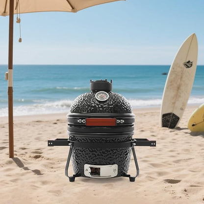 18" Portable Round Ceramic Charcoal Grill, Ceramic Egg Smoker Grill, Cast Iron Egg Smoker, Adjustable Thermometer & Vent, for Outdoor Grilling, Cooking, Garden, Patio, Beach, Backyard (Black)
