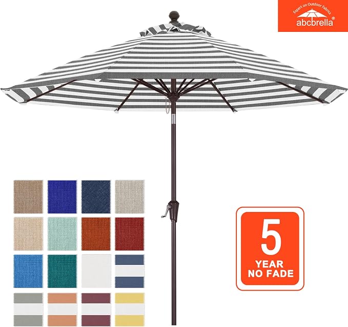 ABCCANOPY OLEFIN® 5-Year No Fading 9FT Outdoor Patio Umbrella(Gray Stripe) | Fade & UV Resistant Fabric,8 Fiberglass Ribs，Wind Vent，Crank Lift & Tilt,Outdoor Table Umbrella for Deck,Backyard,Yard