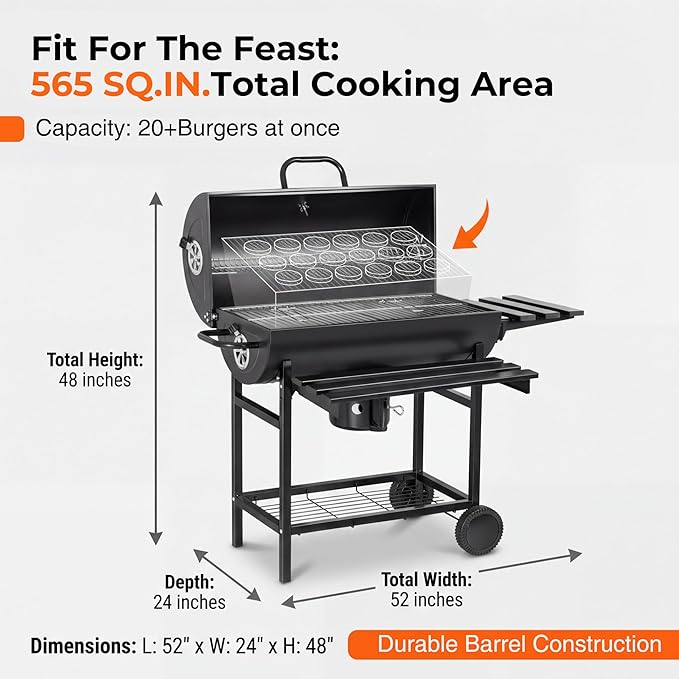 Devoko Barrel Charcoal Grill with Thermometer, Double-Layer Chrome-Plated Iron Baking Pan, Three Item Racks & Ash Catcher, Heavy Duty Outdoor BBQ Grill for Camping Backyard Patio