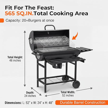 Devoko Barrel Charcoal Grill with Thermometer, Double-Layer Chrome-Plated Iron Baking Pan, Three Item Racks & Ash Catcher, Heavy Duty Outdoor BBQ Grill for Camping Backyard Patio
