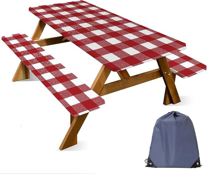 FOREVER QUEEN Picnic Table Cover with Bench Covers 72in,Waterproof Windproof Fitted Tablecloth,Red White Buffalo Plaid Camping Essentials with Drawstring Bag for Patio,Park & Backyard
