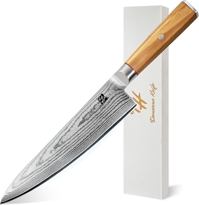 Razor-Sharp 8-Inch Chef's Knife with Olive Wood Handle, 15 Degree Edge VG10 High Carbon Steel Professional Japanese-Style Damascus Knife Gift Box for Family &Restaurant