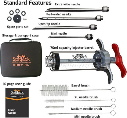 SpitJack SHOT XL Meat Injector Kit, 70ml BBQ Marinade Syringe with 4 Stainless Steel Needles, Case and Cleaning Brushes for Brisket, Turkey, Pork, Smoking and BBQ