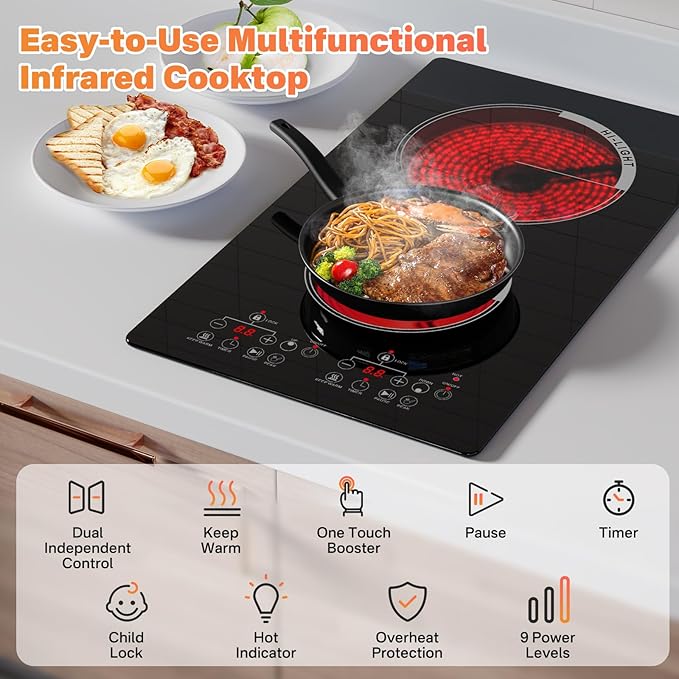12 Inch 2 Burner Electric Cooktop, 2000W Double Ceramic Glass Stove Top with Touch Control or Slider Control & Infrared Heating, 9 Power Levels, Timer, Child Lock