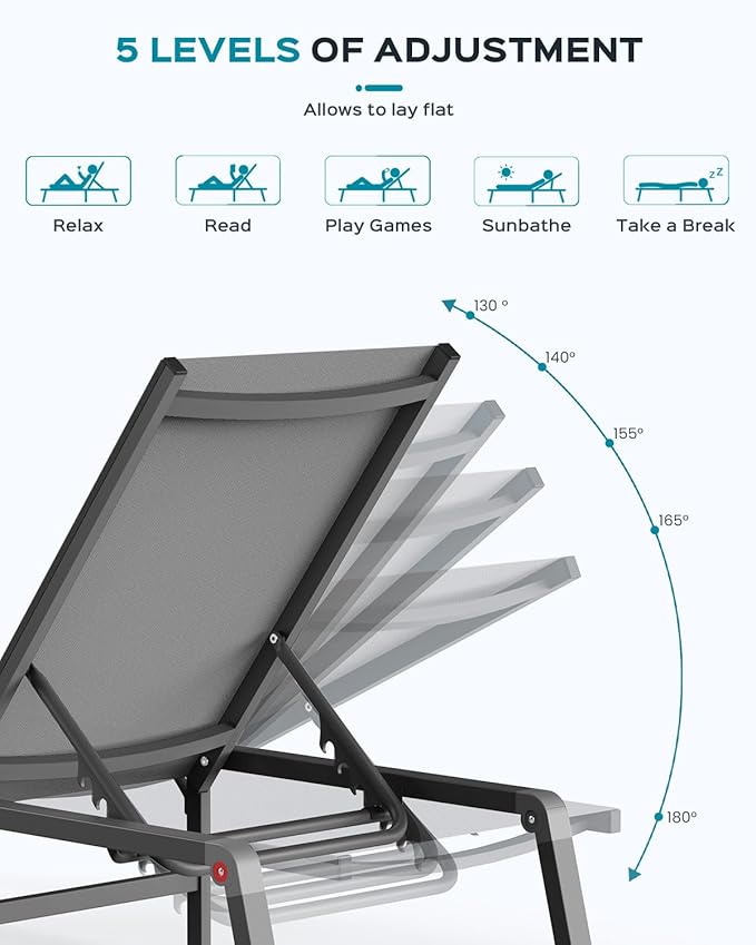 Ciokea Aluminum Foldable Lounge Chairs Set of 2 with 1 Outdoor Aluminum Side Table ，Perfect Match ，Suitable for Courtyard, Balcony, Lawn and Other Scenes，Grey