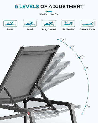 Ciokea Aluminum Chaise Lounge Ourdoor - Foldable & Assemble Free Outdoor Lounge Chair with 5 Adjustable Backrest, Patio Lounge Chair for Outside Poolside Beach Pool, Grey