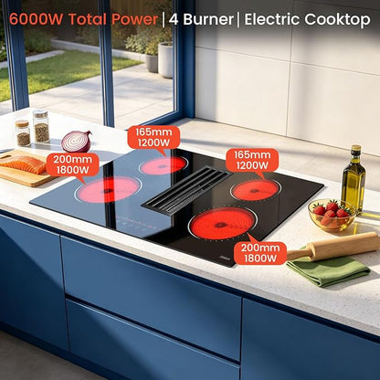 Hobsir Electric Cooktop 30 Inch with Downdraft, 4 Burner Radiant Cook top 6000W, Ductless Downdraft Electric Cooktop 496m³/h, 30” Stove Top with 9 Power Level, Timer, Safety Lock, 220V