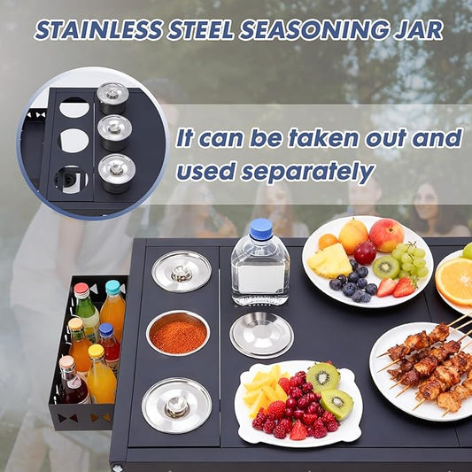 Portable Outdoor Grill Table with Wheels, Heavy-Duty Griddle Stand Grill Cart with Shelves,Towel Holder, Spice Pots & Bottle Opener, Multi-Functional BBQ Prep Station & Utility Cart