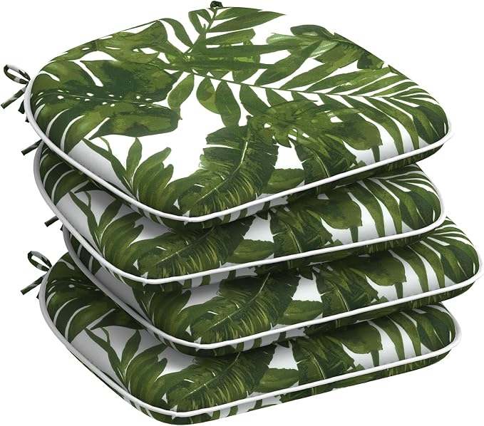 DYTXIII Set of 4 Outdoor Chair Cushions with Ties,Water Repellent Patio Chair Pads 17"x 16" for Outdoor Furniture,Round Corner Seat Cushions for Garden Yard Kitchen Palm Green