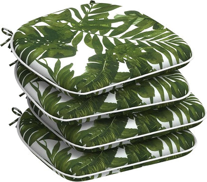 DYTXIII Set of 4 Outdoor Chair Cushions with Ties,Water Repellent Patio Chair Pads 17"x 16" for Outdoor Furniture,Round Corner Seat Cushions for Garden Yard Kitchen Palm Green