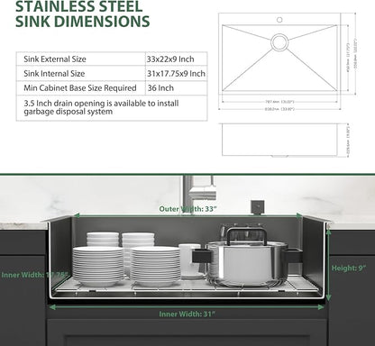 33x22 Drop In Kitchen Sink Black 16 Gauge Stainless Steel Single Bowl Drop Kitchen Sinks Nano PVD Gunmetal Black Handmade Large Deep Topmount Sinks, 33x22x9 Inch