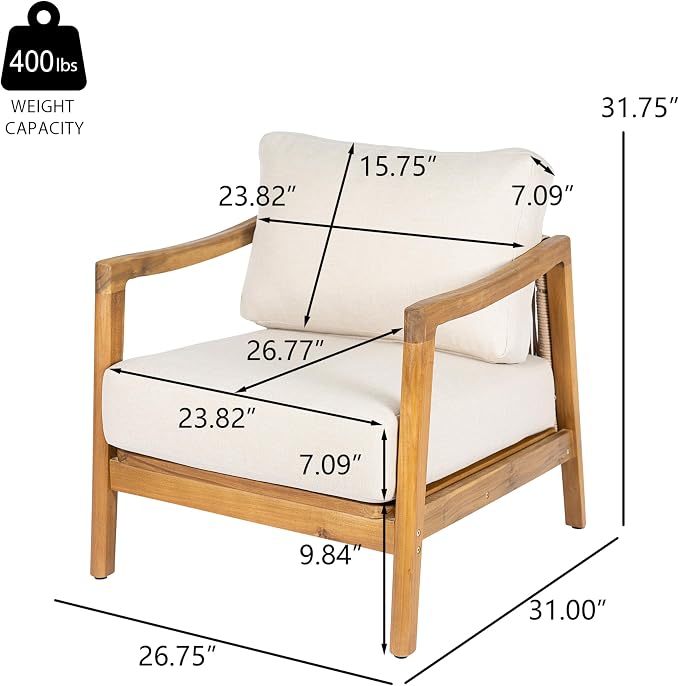 Christopher Knight Home Seward Acacia Wood Lounge Chair Outdoor with Removable Cushion, Solid Wood Patio Accent Chair with Rope Backrest, Patio Outdoor Armchair, Teak+Beige