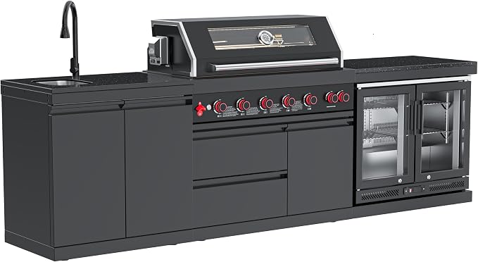 SERA C 6-Burner Propane 3-Piece Modular Outdoor Kitchen Black Set | Black 304 stainless steel, 87,900 BTU + infrared, 115L double fridge, dual sink, soft-close, locking casters, patio backyard