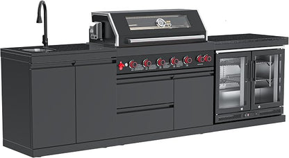 SERA C 6-Burner Propane 3-Piece Modular Outdoor Kitchen Black Set | Black 304 stainless steel, 87,900 BTU + infrared, 115L double fridge, dual sink, soft-close, locking casters, patio backyard