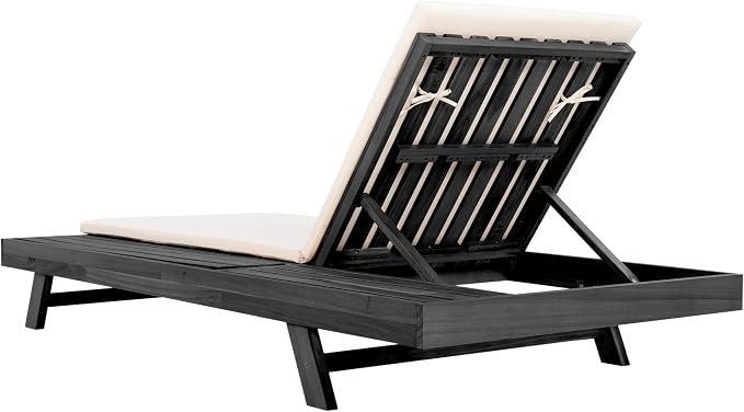 Christopher Knight Home Dami Patio Chaise Lounge Chair Outdoor with 2-Thick Cushion, Acacia Wood Poolside Sun Lounger with Space Available On One Side, Adjustable Backrest Pool Lounger, Black + Cream
