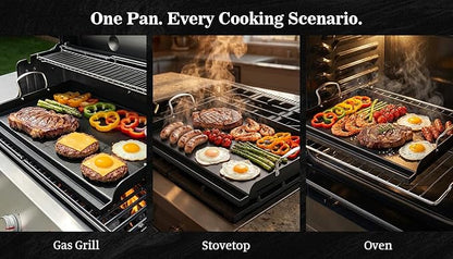 QuliMetal 25" x 16" Cast Iron Grill Griddle Kit, Pre-Seasoned Flat Top Griddle Plate with Scratch-Safe Accessories, Universal Outdoor Griddle for Gas Grill, Charcoal Grill, Camping, BBQ & Tailgating