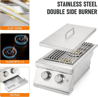 Hygrill Double Side Burner, Built In Double Grilling Side Burners for Outdoor Kitchen, Outdoor BBQ Grill Island, Natural Gas Version