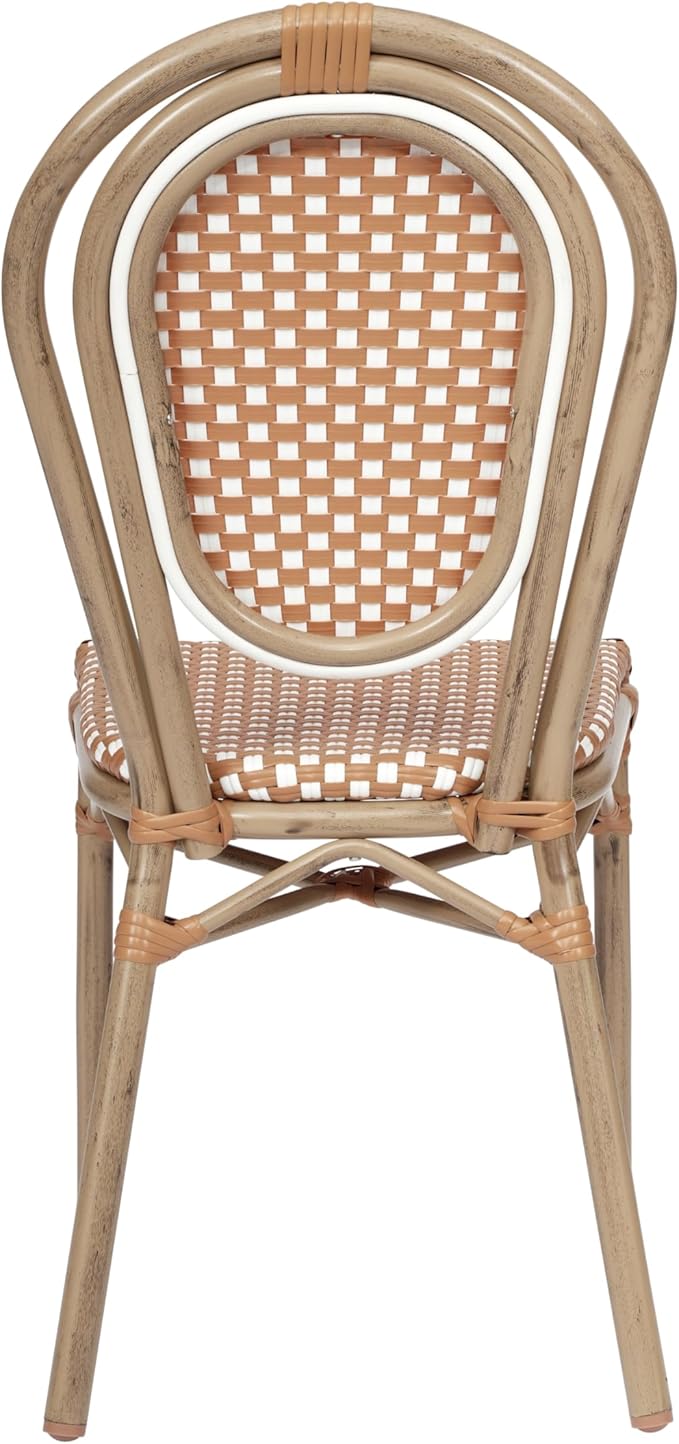 Flash Furniture Lourdes Indoor/Outdoor Commercial Thonet Bistro Stack Chair - Natural/White PE Rattan Back and Seat - Light Natural Bamboo Print Metal Frame