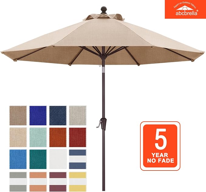 ABCCANOPY OLEFIN® 5-Year No Fading 9FT Outdoor Patio Umbrella(Light Beige) | Fade & UV Resistant Fabric,8 Fiberglass Ribs，Wind Vent，Crank Lift & Tilt,Outdoor Table Umbrella for Deck,Backyard,Yard