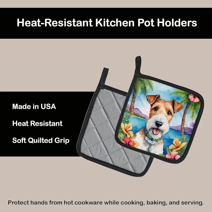 Caroline's Treasures Fox Terrier Luau Pair of Pot Holders Kitchen Heat Resistant Pot Holders Sets Oven Hot Pads for Cooking Baking BBQ, 7 1/2 x 7 1/2