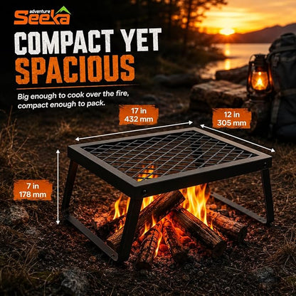 Adventure Seeka Folding Campfire Grill – Portable Over-Fire Grill with Food-Safe Coating, Heavy Duty Steel, Compact with Folding Legs - Camping, RV, Overlanding, Fire Pits