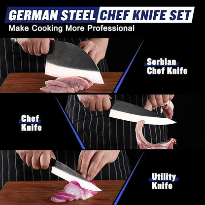 SSGP Butcher Knife Set of 3- Japanese Knife Set for Meat Cutting, Hand Forged Viking Knives Sets with Meat Cleaver, Heavy-Duty Kitchen Knives Sets for Bone BBQ Vegetable, Gifts for Men