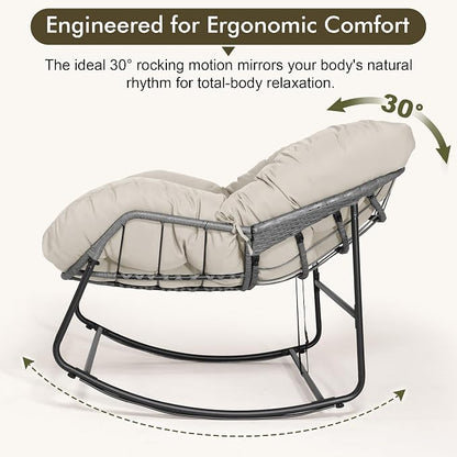 Bifanuo Oversized Egg Rocking Chair for Indoor Outdoor – All-Weather Wicker Rattan Lounge Chair with Cushion Patio Rocker for Porch Garden or Balcony (Beige)
