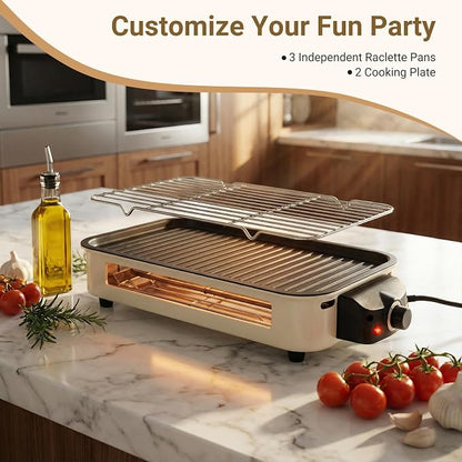 Electric Indoor Grill 1500w, 2 in 1 Smokeless Indoor Grills with Non-Stick Griddle Plate & Grill Net, Korean BBQ Grill with 3 Individual Mini Trays, Temperature Control, Dishwasher Safe