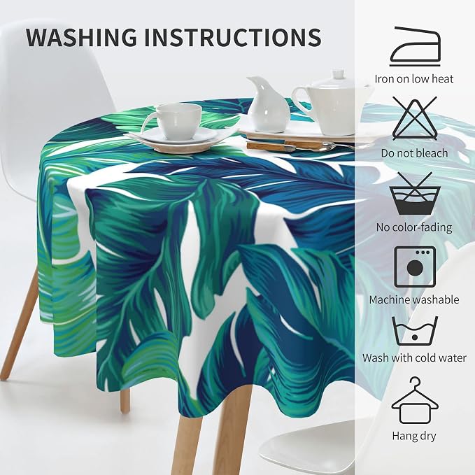 Sweetshow Tropical Tablecloth Round 70 Inches for Summer Green Hawaiian Palm Leaf Round Tablecloth Polyester Washable Circle Table Cover Table Cloth for Kitchen Dining Room Picnic Patio Wedding Party