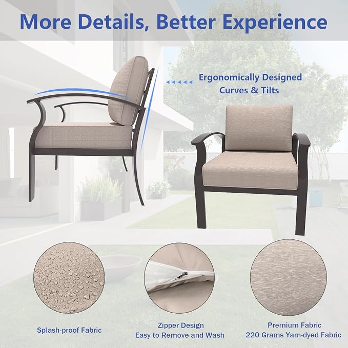 ALAULM Aluminum Patio Furniture Set with Coffee Table Rectangular, 5-seat Outdoor Sectional Furniture w/2 Swivel Chairs, Patio Conversation Set for Porch, Backyard, Sand