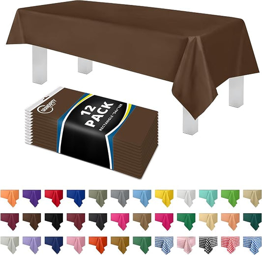 Grandipity 12 Pack Premium Disposable Plastic Tablecloth 54 Inch. x 108 Inch. Decorative Rectangle Table Cover - Brown