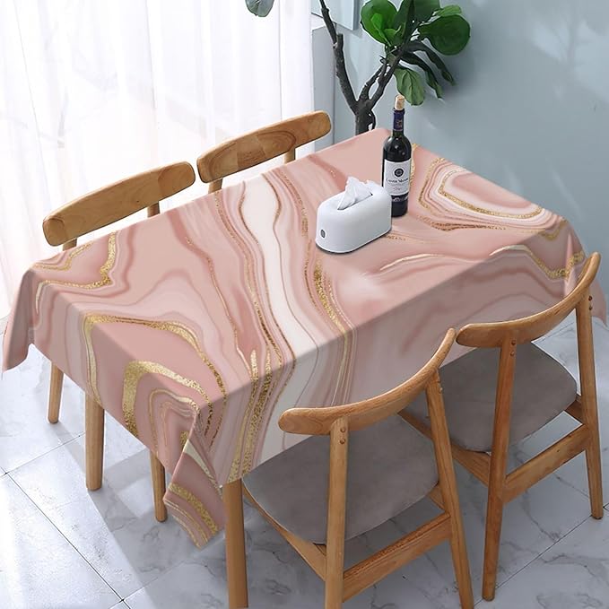 Pink Golden Marble Tablecloth for Dining Room Kitchen 54"x72" | Birthday Party Decorations, Rose Pink Modern Table Cover Waterproof Rectangular