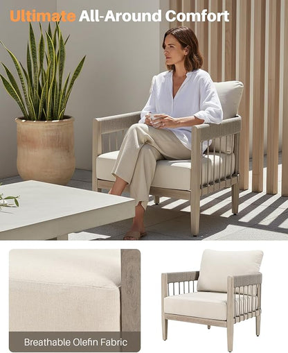 Patio Sofa Chairs Set of 2, Never-Rust Aluminum Outdoor Armchairs with Faux Wood Grain Finish, 2 Pieces Rope Weave Outdoor Sofa Chairs with Removable Cushions for Garden, Backyard, Deck